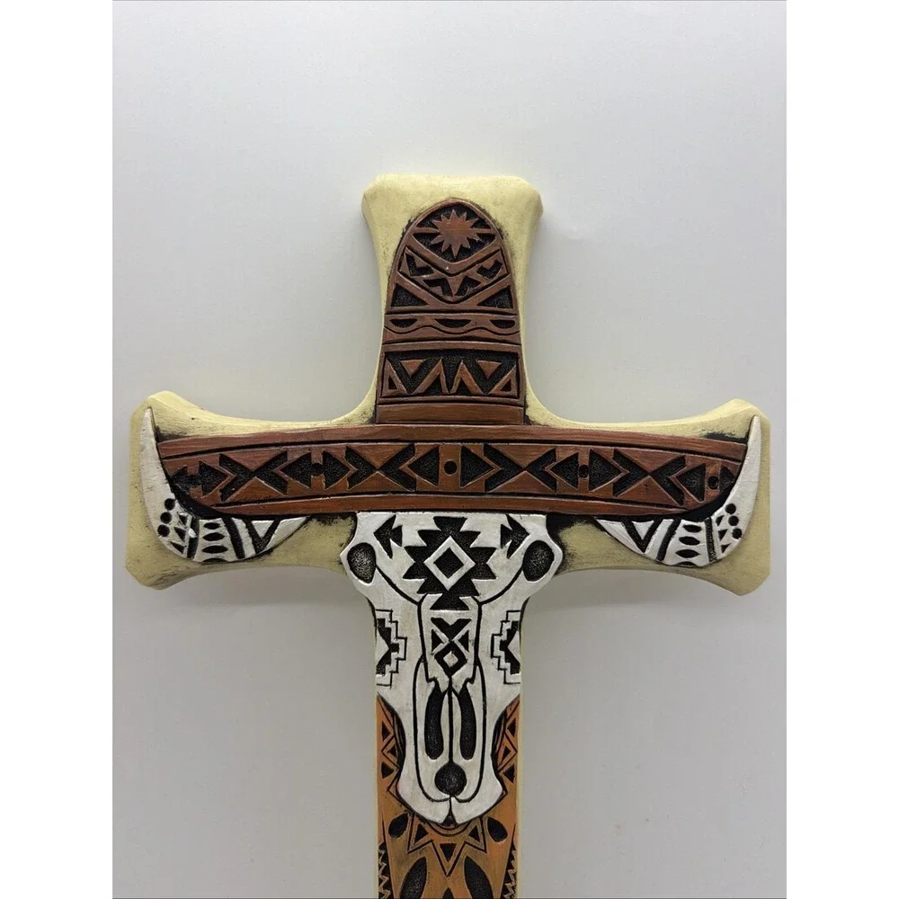 Southwestern Tiki Tribal Tattoo Cowboy Hat Bull Cow Skull Wall Cross Plaque